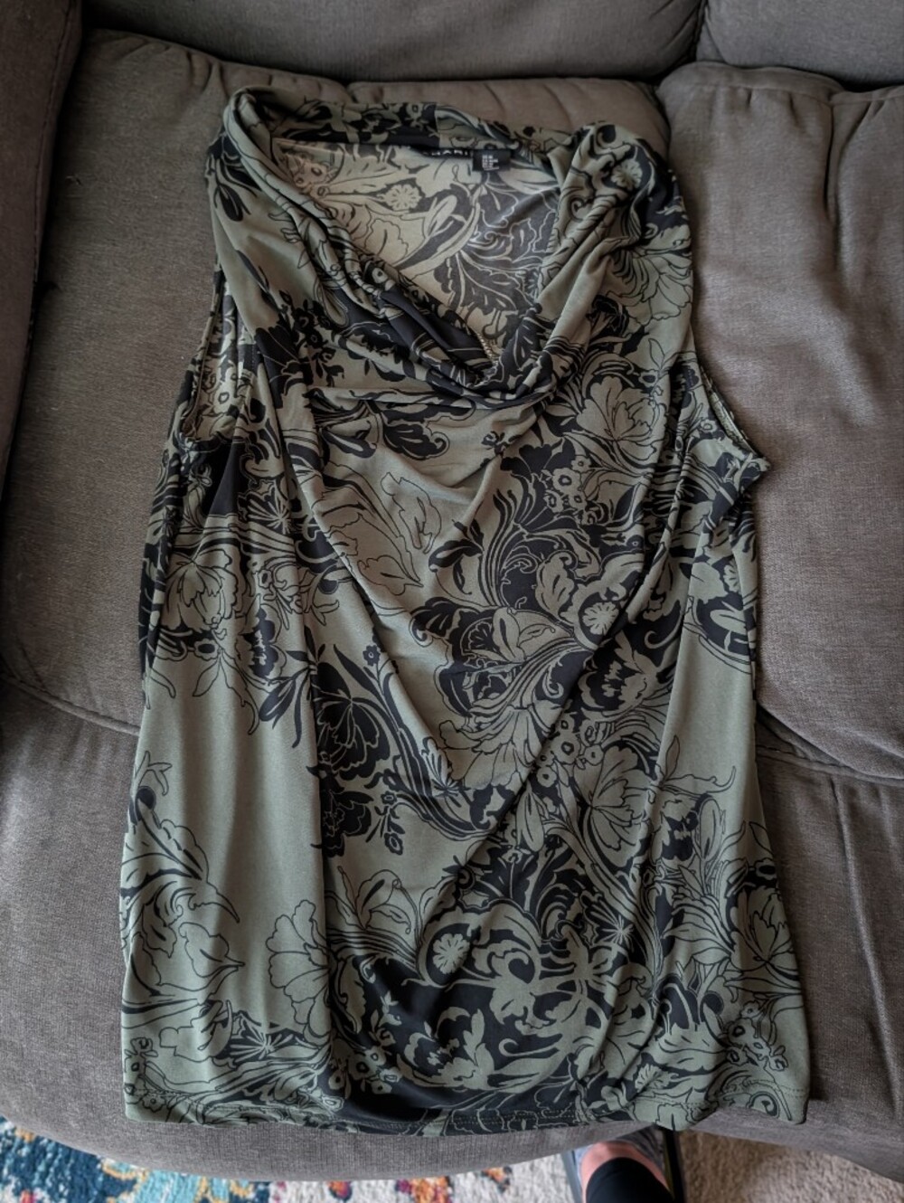 Tahari Olive and Black Floral Cowl Neck Camisole